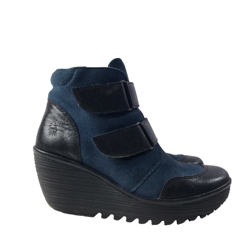 Fly London Navy and Black Suede Wedge Booties